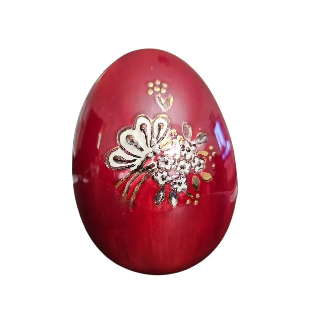 Hand Painted Red Ceramic Decorative Egg Floral Art Glossy Display Decor